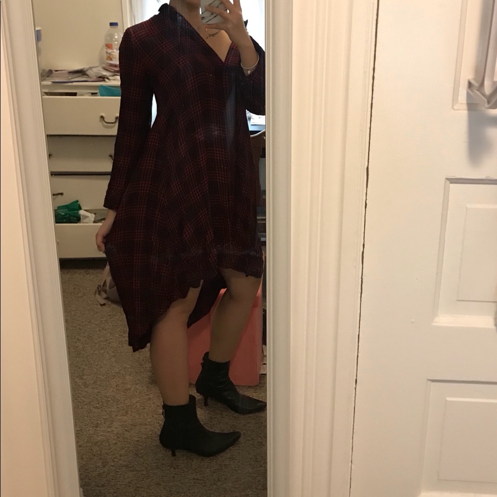 Shirt dress burgundy and black check pattern
